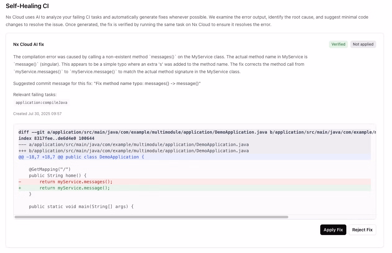 Nx Cloud apply AI fix suggestion
